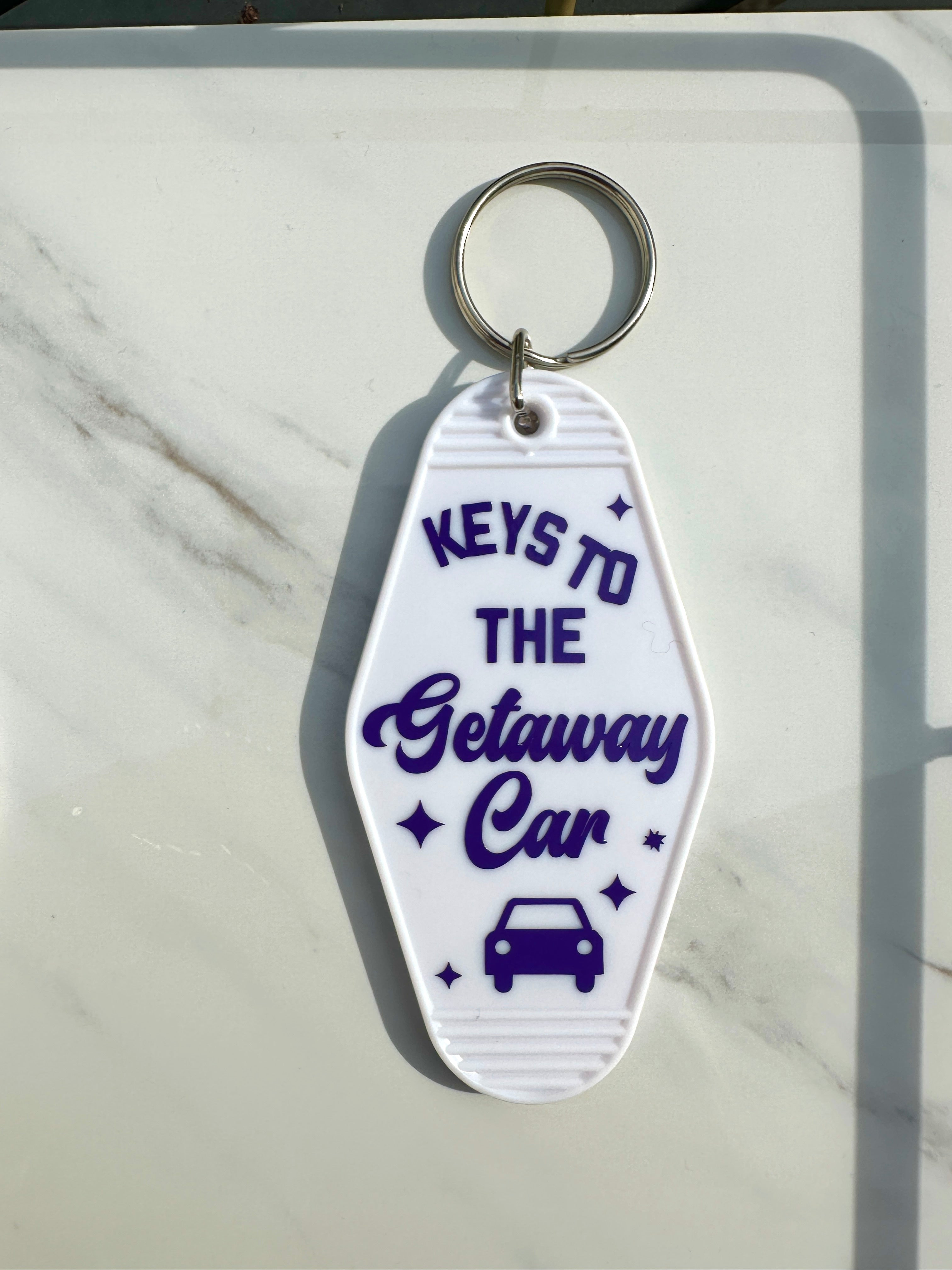 Keys to The Getaway Car Retro Motel Keychain Holographic Text
